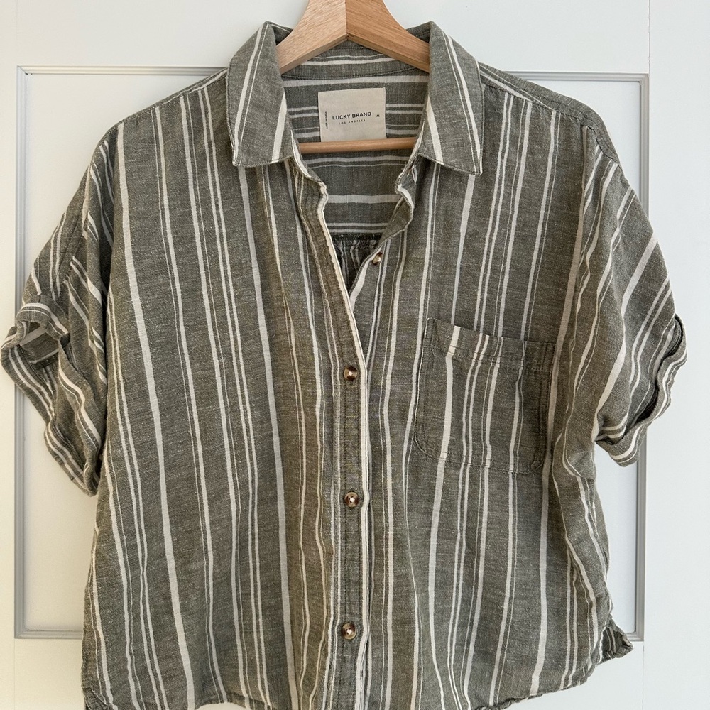 Lucky Brand Green and White Striped Button-Down Shirt